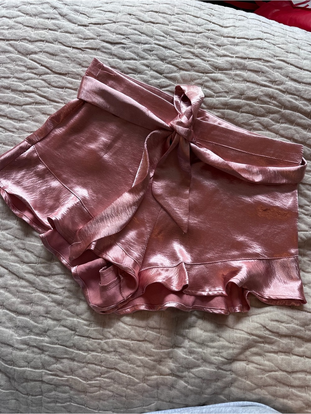 BB Dakota Satin Tie-Waist Ruffle Shorts - Rose Pink